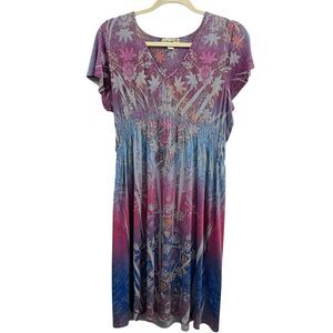 Energé By Oneworld Womens‎ L Tie Dye V-Neck Floral Bedazzled Boho Festival Dress